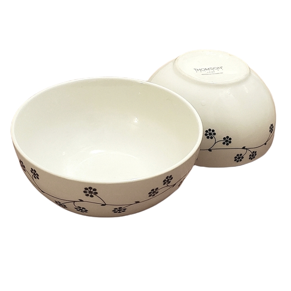 2 Thompson Pottery black and white soup 🍲 bowls with black flowers 🌼